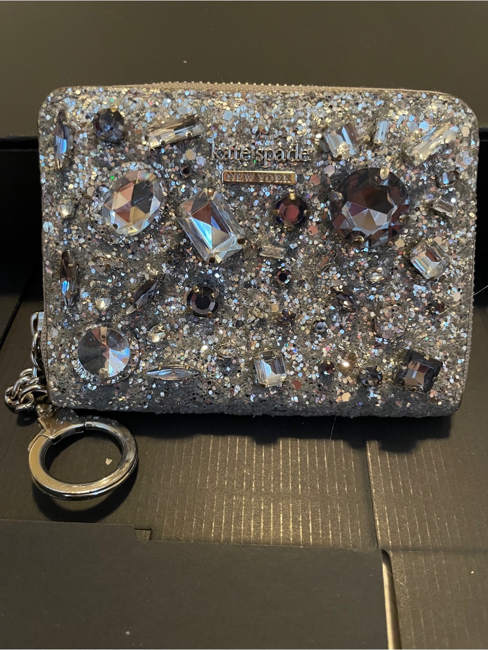 kate spade silver crystal-embellished zip wallet
